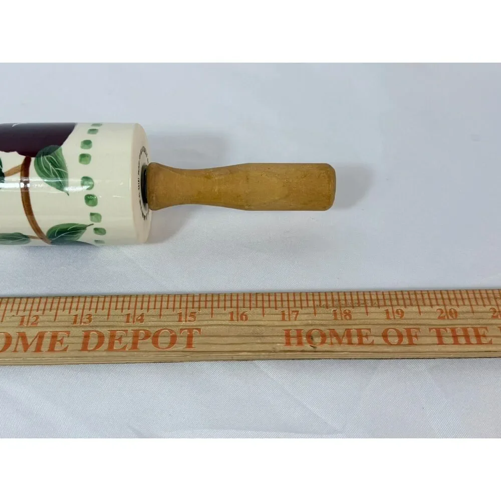 VTG Stoneware Cherry Red Rolling Pin Wood Handles Country Kitchen Orchard
